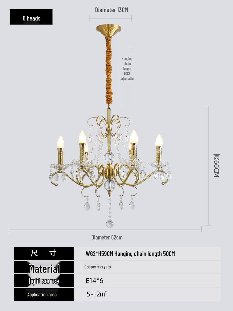 American Crystal Copper Chandelier - Elegant European Candle Style for Living, Dining, and Bedroom