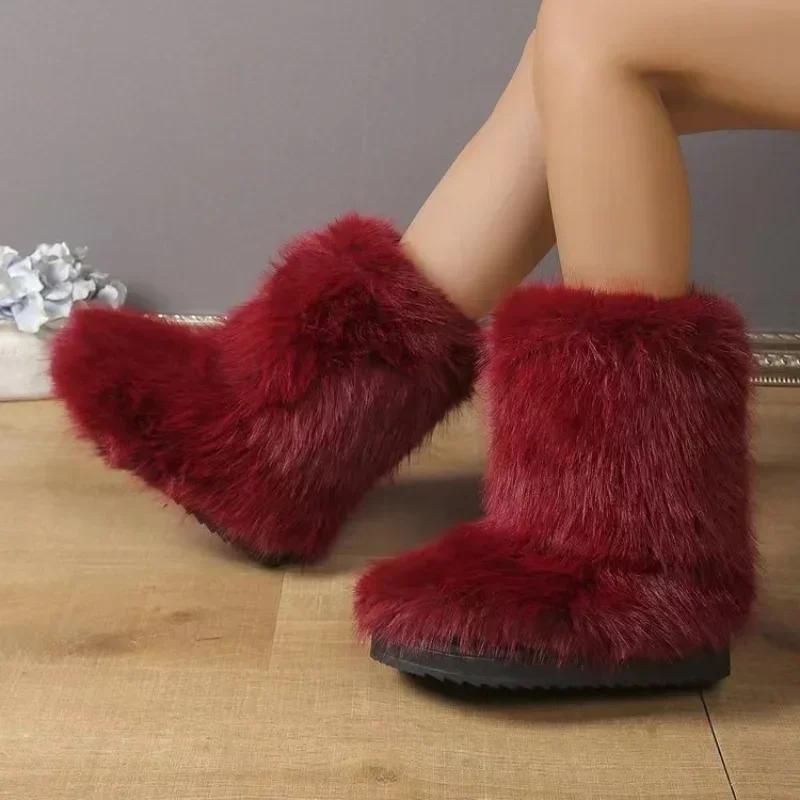 Botas de Esquí Slip-on de Invierno para Mujer Botas de Media Caña con Plataforma y Punta Redonda Cálidas de Felpa de Tacón Medio Casuales para Mujer Botas de Nieve Peludas y Esponjosas