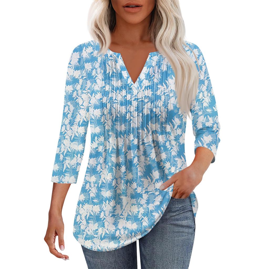 Modisches, lässiges T-Shirt mit plissiertem V-Ausschnitt und einfarbigen Siebenviertelärmeln für Damen