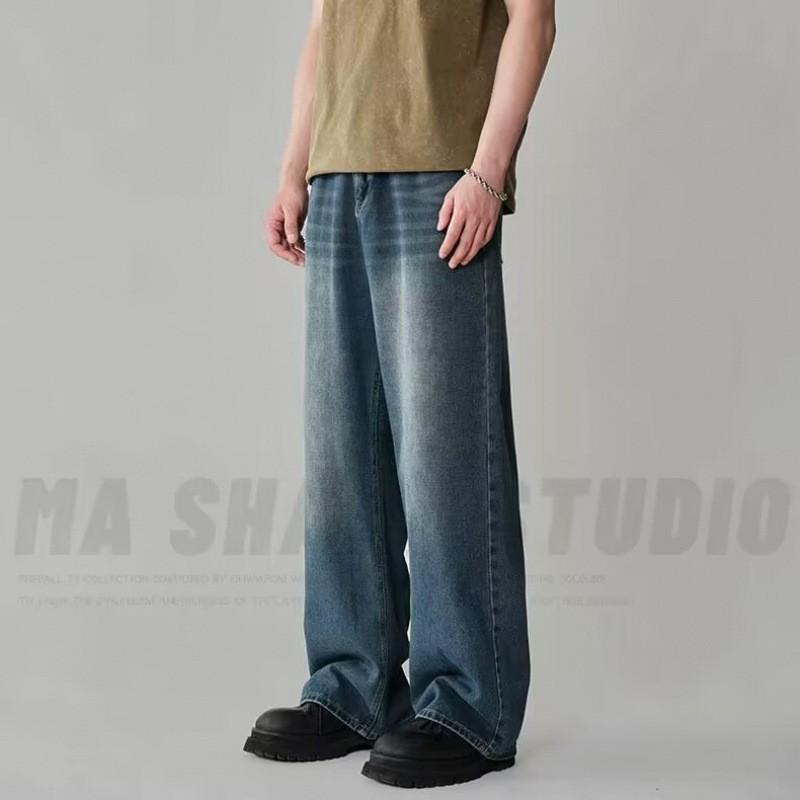 Mens Relaxed Straight Fit Denim Jeans Vintage Washed Cotton Blend Mid-Rise Casual Trousers Fall