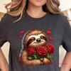 Valentines Sloth T Shirt with Red Roses DTG RoUnisextic Idea For Her Him Unique Love Inspired Top Design Vintage Washed Unisex