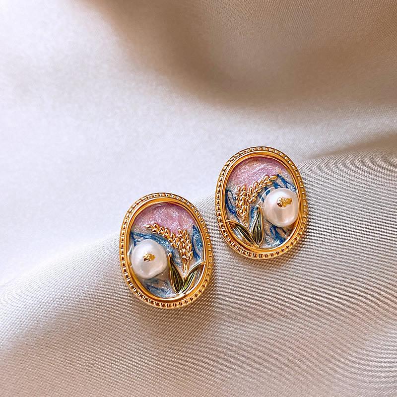 French Court Style Colored Enamel Glaze Double-layer Flower Stud Earrings Retro Pearl Design Earrings Monet Garden Decoration