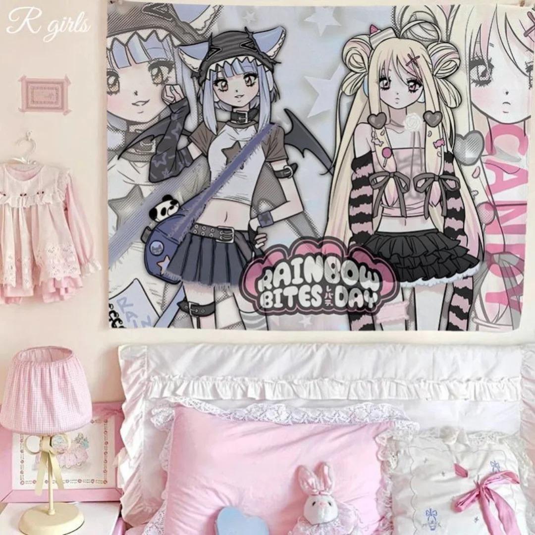 Сладкая и крутая девушка с принтом Гобелен Каваи Аниме Милая девушка Ткань для фона Декоративная ткань для общежития Спальни Гостиной Лента 40CMX60CM