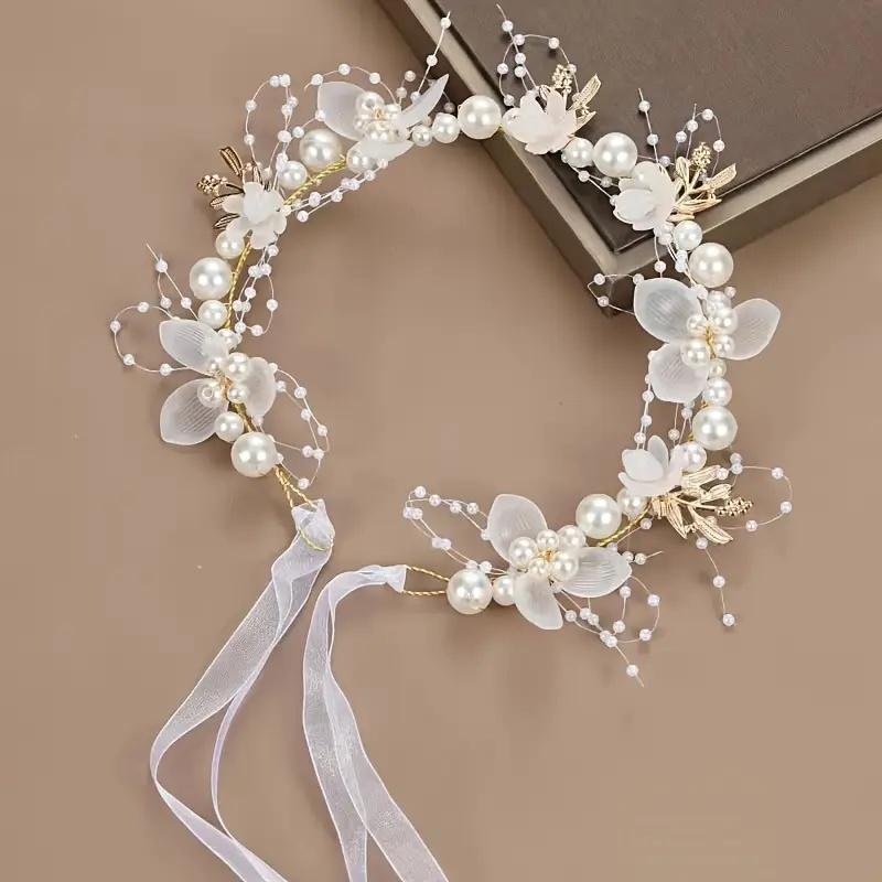 Fascia per Capelli a Ghirlanda Floreale Dolce con Perle Imitazione, Accessorio per Capelli per Feste, Matrimoni, Compleanni, Principesse