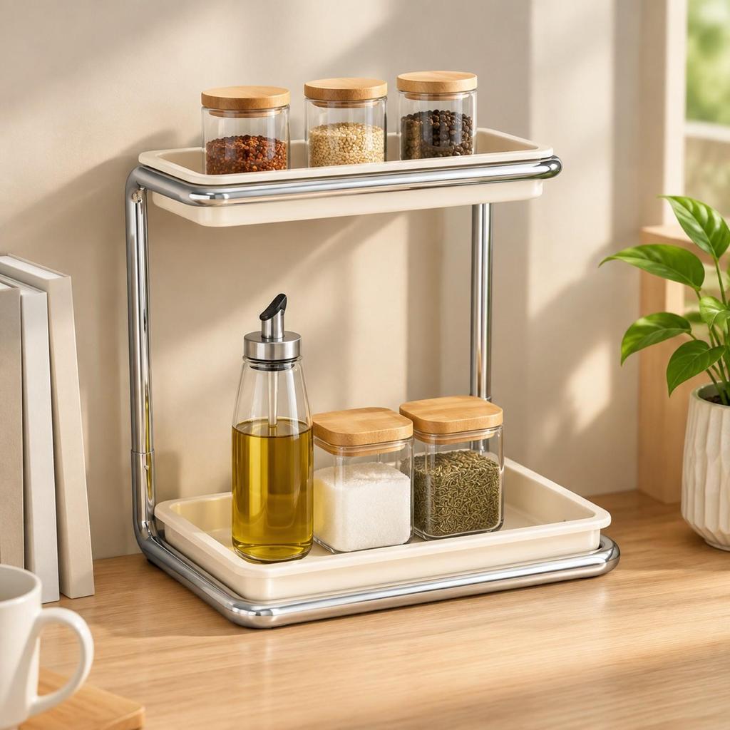 TwoTier Countertop Storage Rack SpaceSaving Organizer with Raised Tray Edges Sturdy Tubular