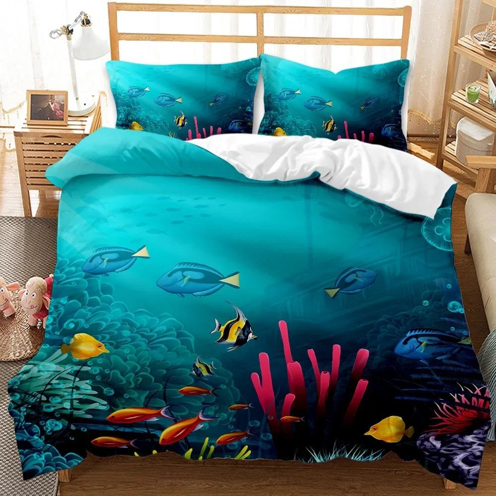 

Комплект постільної білизни Shark King Size для дівчаток Хлопчиків Tropical Marine Life Ocean Fish Sea Turtle Rainbow Color Coral Polyester Підковдра US Twin 173x218cm
