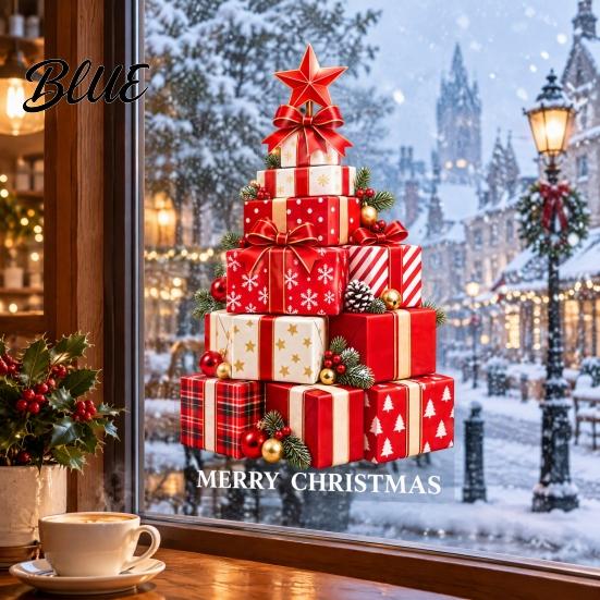No Adhesive Christmas Stickers Stacked Gift Boxes Tree Window Cling Creative Static Sticker with Colorful Holiday Glass Decals Balls and Pine
