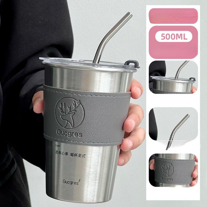 Stainless Steel Coffee Mug with Straw Lid Portable Coffee Cup Drinking Beer Milk Water Cup Restaurant Bar Party 500ml