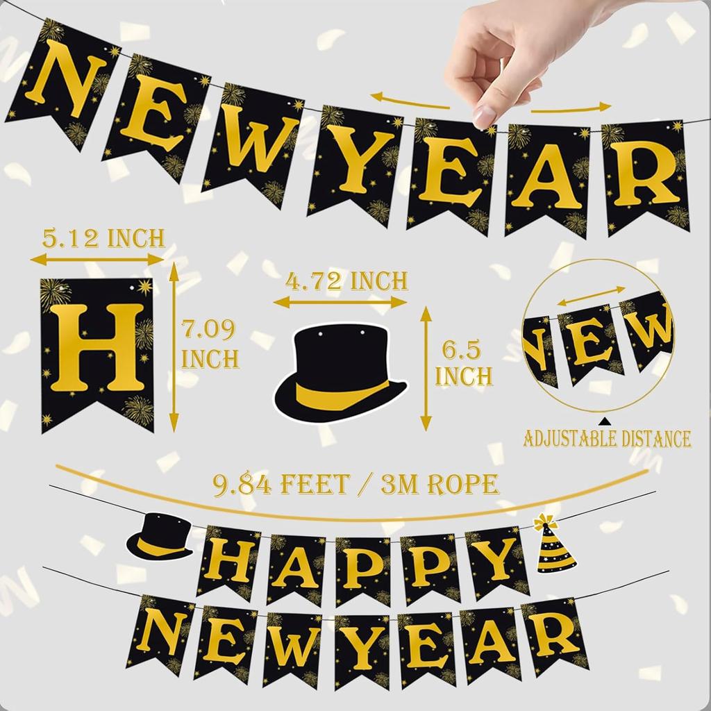 JOJO FLY New Years Eve Party Decorations Kit, Happy New Year Banner, Black and Gold Hanging Swirls for Happy New Year Decorations 2026, NYE