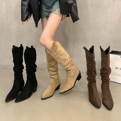 Fashion 2024 Women's New Slip-on Mid-calf Fashion Boots for Women Autumn Pointed Toe Pleated Low-heeled Sleeve Long-leg Women's Shoes