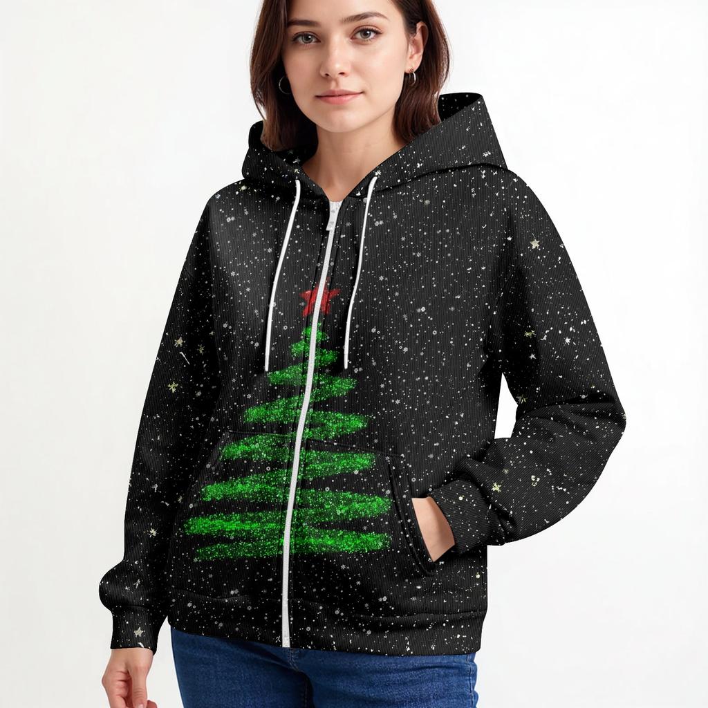 Dámská ležérní módní pletená mikina s kapucí na zip s dlouhým rukávem a vánočním potiskem