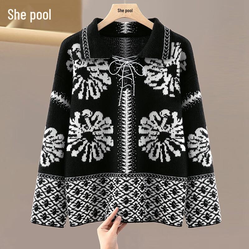 

Women s Contrast Tie-Strap Lapel Sweater One Size