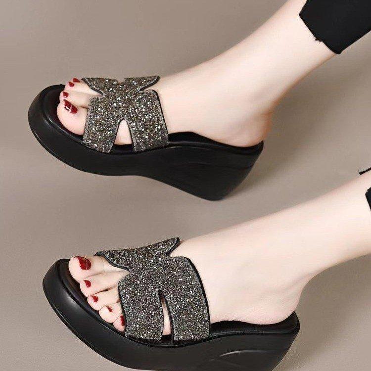 High-heeled soft leather thick bottom H half-mop summer outer wear muffin bottom one-word drag diamond mop slope and rhinestone sandals