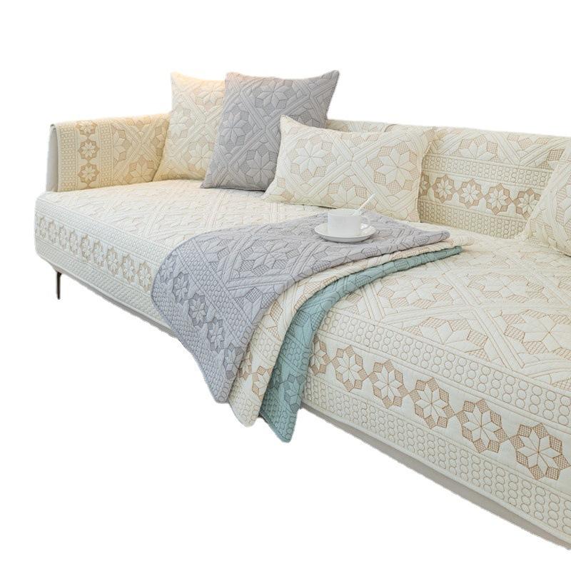 Four Seasons Universal Double-Sided Washed Cotton Cloth Embroidered Flower Sofa Cushion, Modern Simple Leather Sofa Cushion Towel