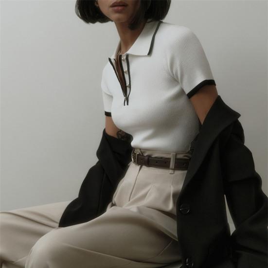 Women Short Tops Patchwork Color Short-Sleeve Lapel Tops with Buttoned Neckline Regular