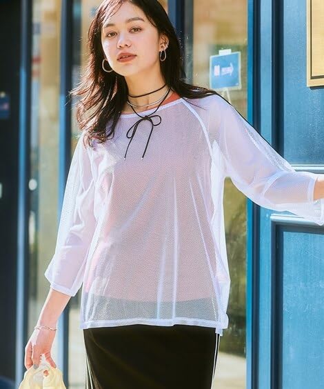 Large Size and Set Mesh Pullover Tank Orange LL [Nissen] Women's T-Shirts Cut-and-Sew 2-Piece (Side-Lined + Top) Off-White +