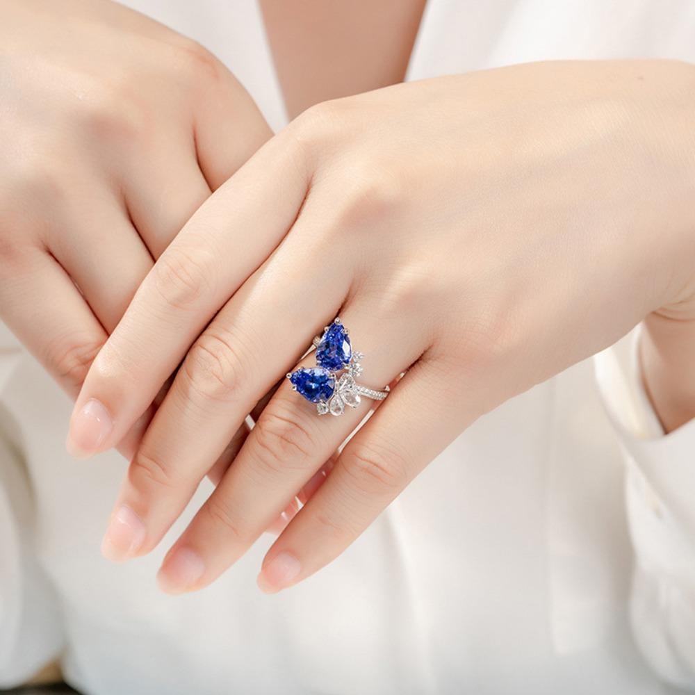 Open Ring Tanzanite Blue Pear Drop with Double Diamonds Simulated Sapphire Womens Fashion Jewelry