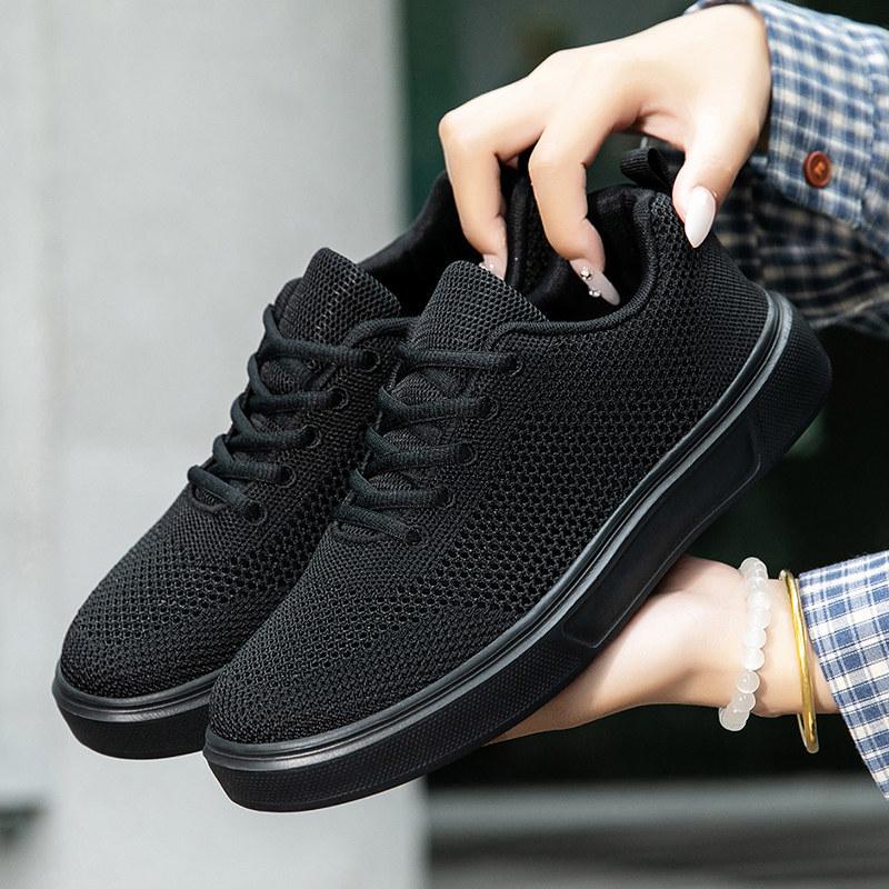 Summer pure black fly-woven sports shoes hollow breathable mesh shoes super light soft sole not tired feet mother shoes