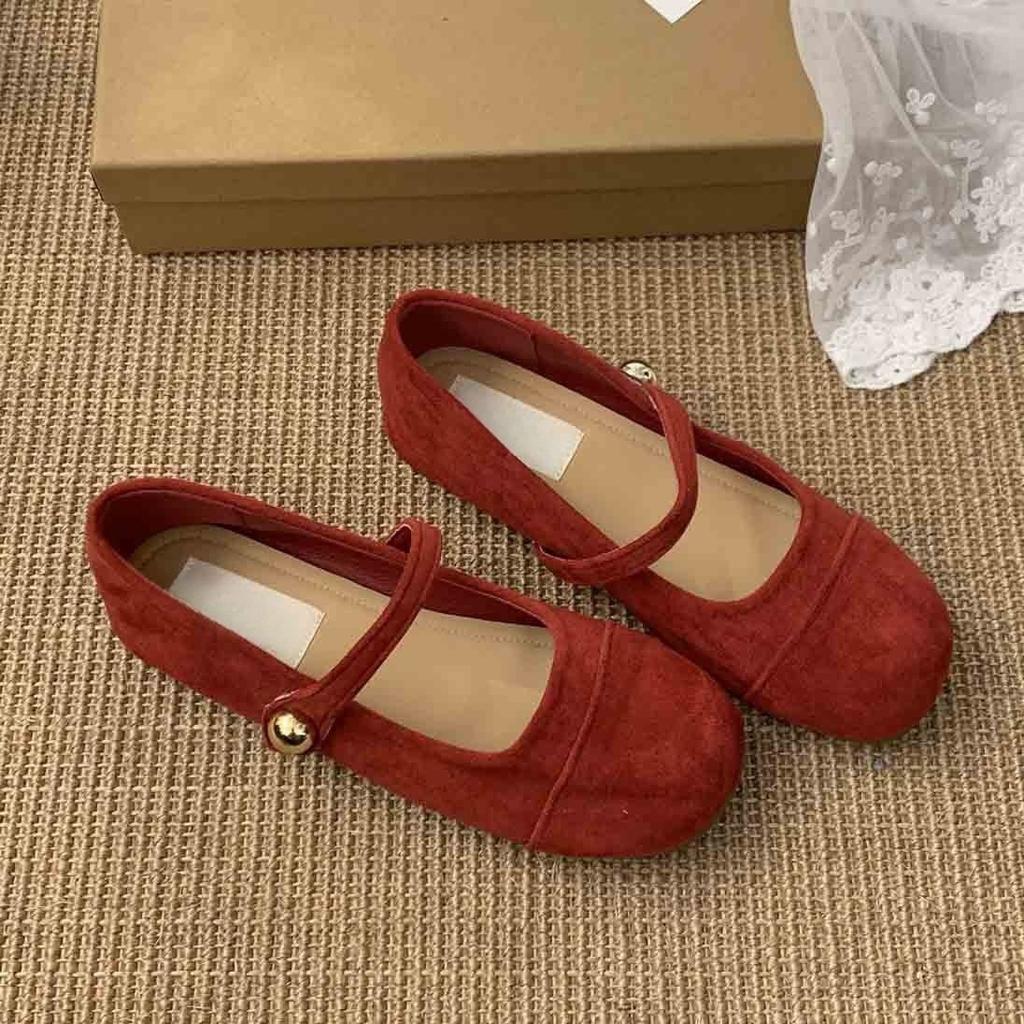 Early spring single shoe girl 2025 new French retro gentle fairy suede red Mary Jane shoes flat beanie shoes