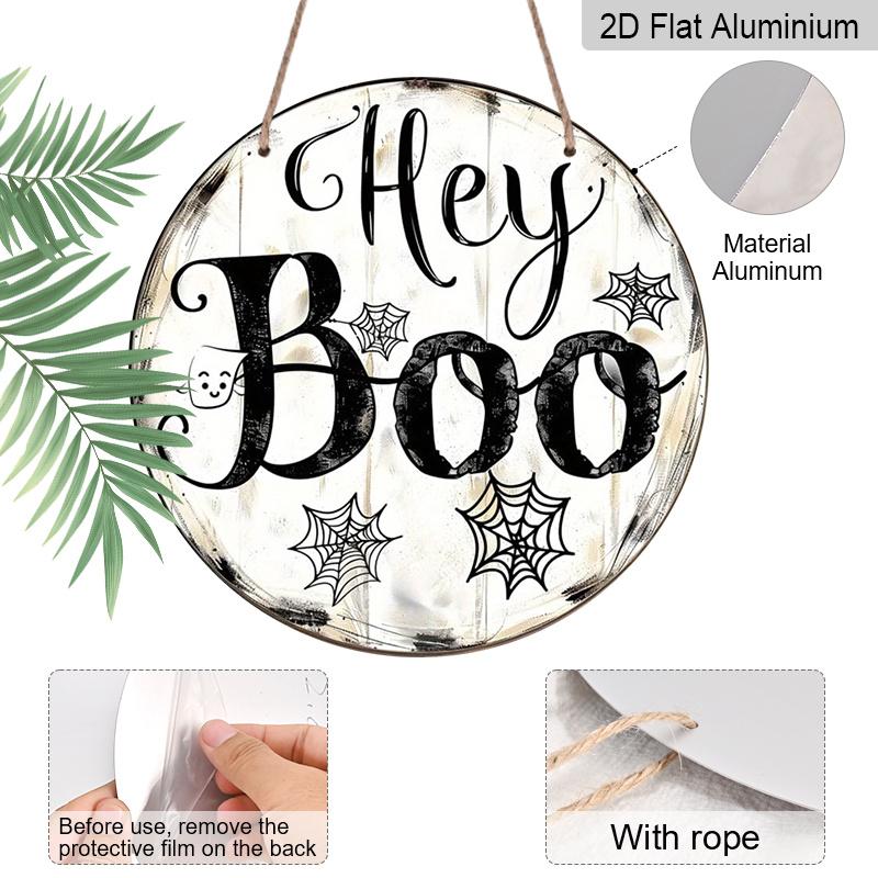 2D Flat, 1pc "Hey Boo" Halloween Ghost Round Aluminum Sign for Fall And Winter Celebrations, Suitable for Indoor And Outdoor Use, Wall Decoration for