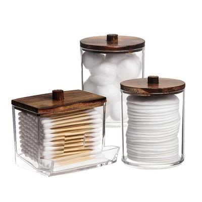 3-teiliger Tupferhalter, Badezimmerbehälter, Aufbewahrungsbox, Wattebällchen-/Tupferspender, Apothekerglas-Organizer zur Aufbewahrung, Holzdeckel