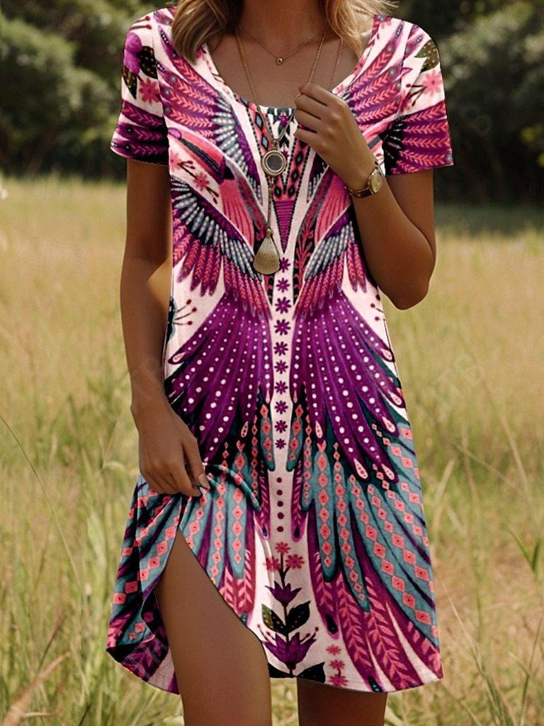 Women's New Round Neck Short Sleeve Dress with Indian Print – European & American Style