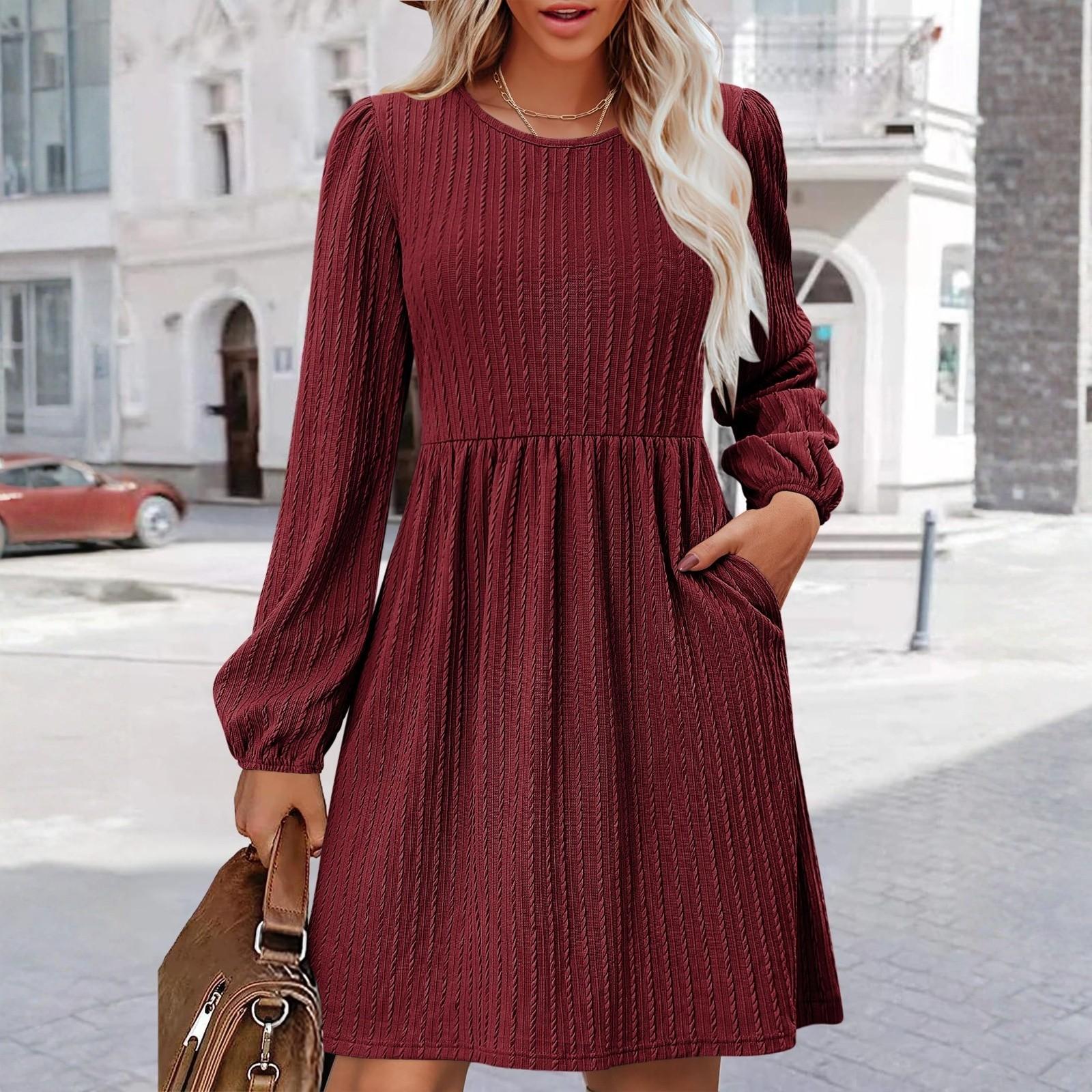 

Women s Fashion Casual Solid Round Neck Pullover Loose Long Sleeve Dress XL винный