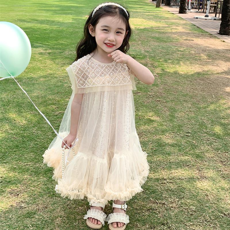 Jenter Mesh Beading Dress Baby Gaze Ermeløs Mote Prinsesse Tyll Fluffy Kjoler Barn Bursdagsfest Klær