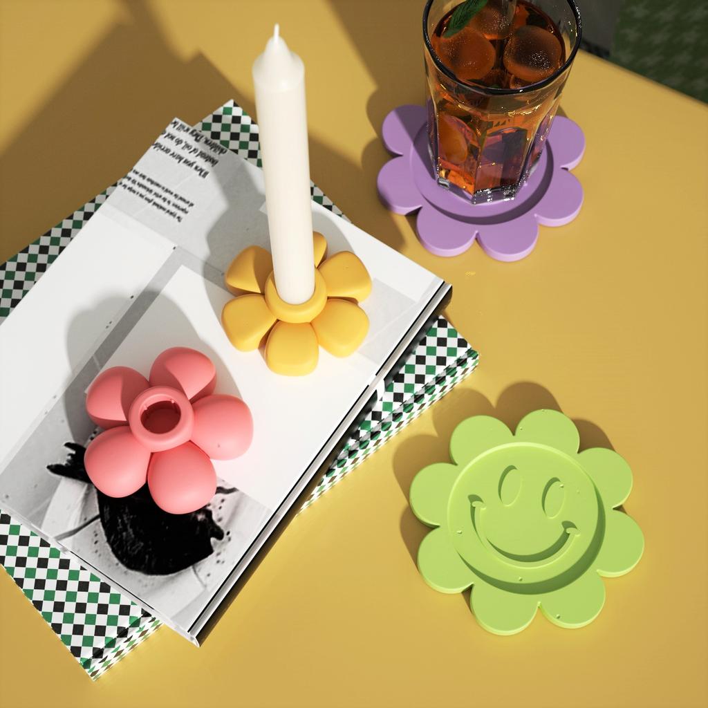 Taper Candle Holder Concrete Silicone Mold Flower Shaped Candlestick Holder and Coaster Jesmonite Mould Home Decor