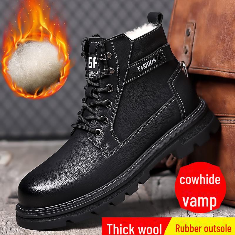 Northeast Men's High Top Leather Cotton Boots - Warm, Velvet-Lined for Autumn/Winter Outdoor Work & Mountaineering.