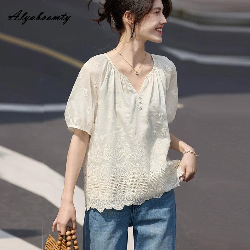 Korean Fashion Summer Women Beige Blouse V Neck Embroidery Hollow Out Tencel Shirt Puff Sleeve Office Lady Feminine Lace Blouse