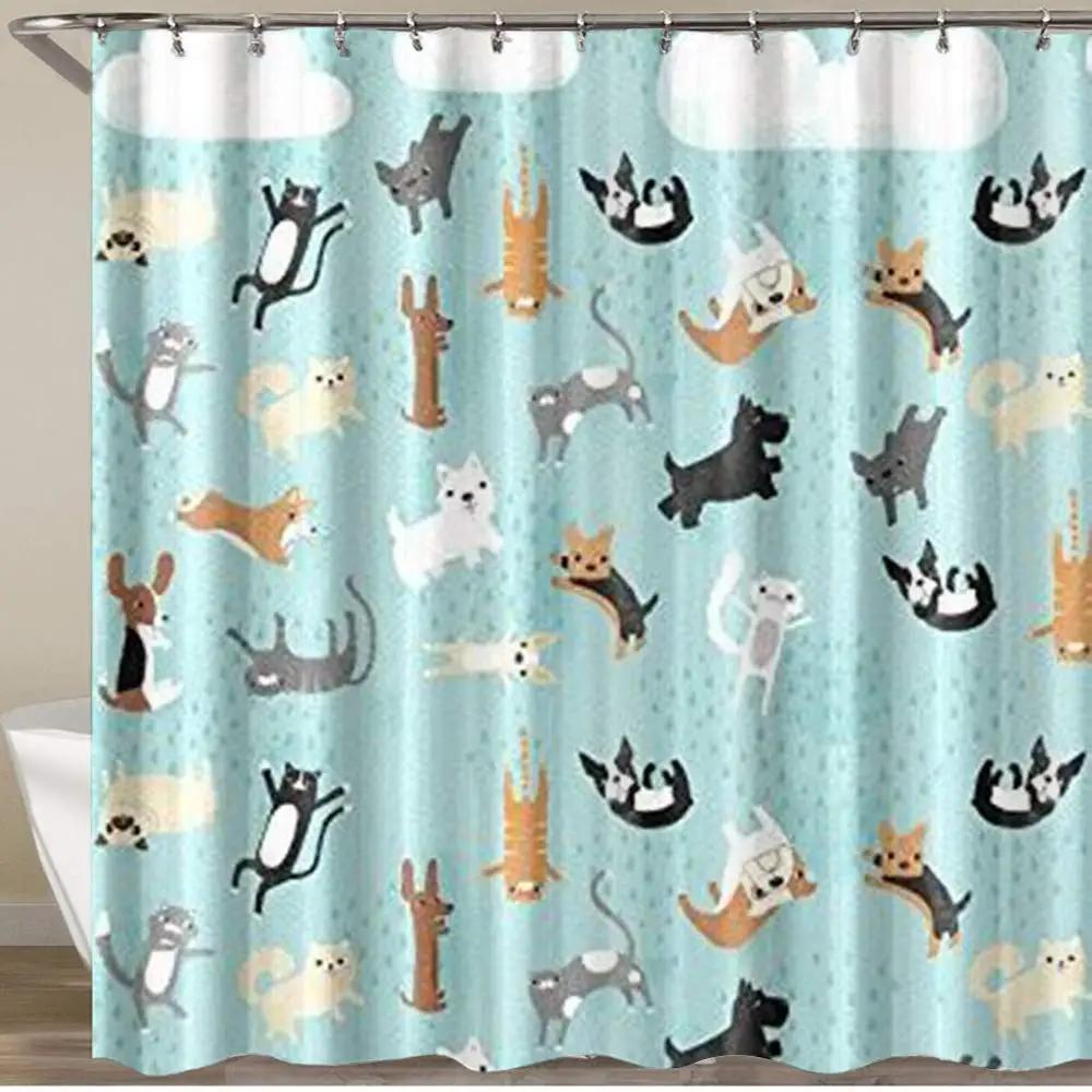 Raining Cats and Dogs Shower Curtain Funny Cartoon Cute Animal Hilarious Pets Playing Water Polyester Waterproof Bathroom Panels