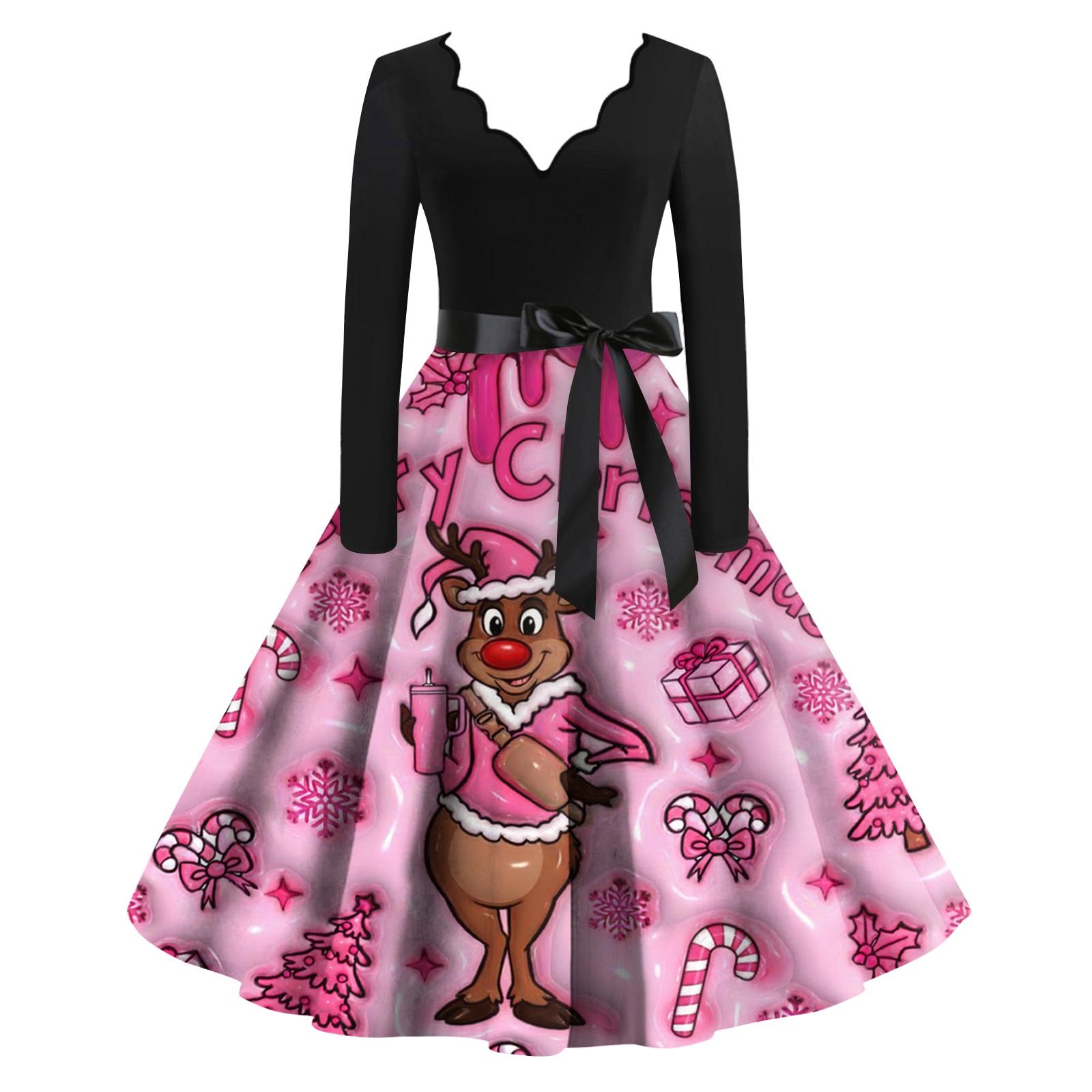 Women s casual and fashionable V-neck long-sleeved cute printed dress L розовый