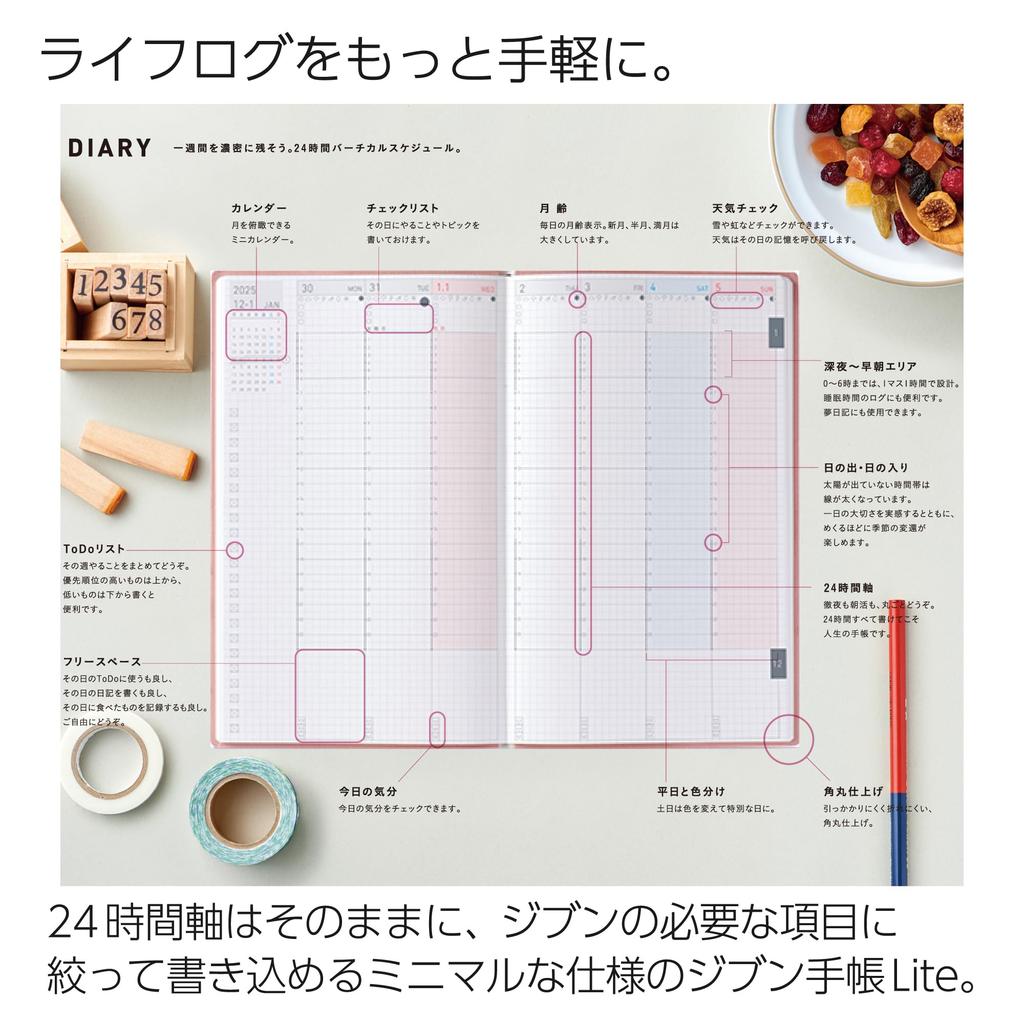 KOKUYO Jibun Techo Lite mini Planner 2025 B6 Slim Green Starts December 2024 Monthly/Weekly (Ni-JLM1G-25) -
