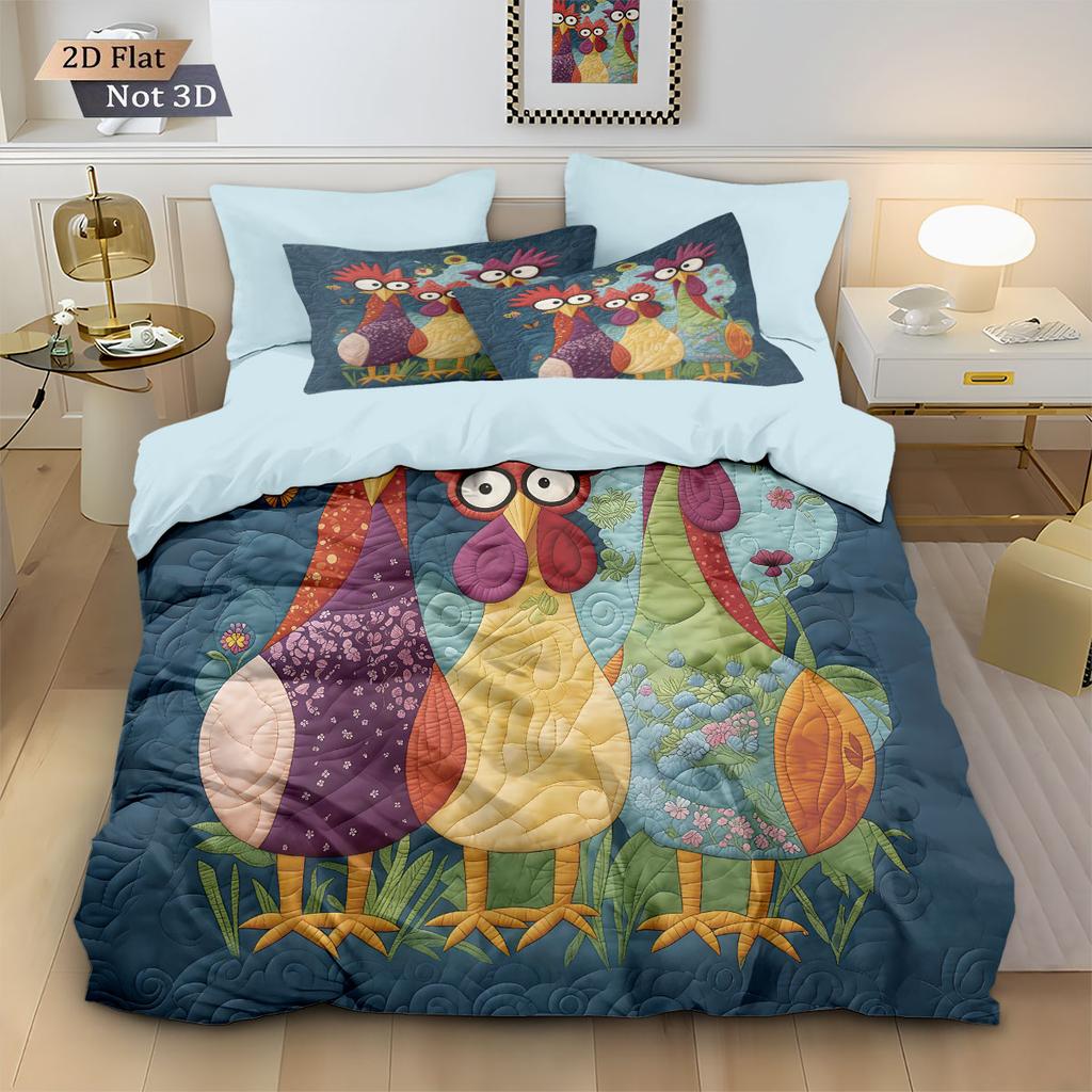 3pcs Cartoon Cute Chicken Print Coreless Down Duvet Cover Set Comfortable Bedroom Bedding Decoration Machine Washable