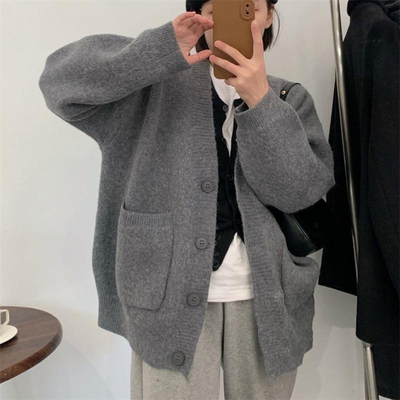Women s V-Neck Loose Knit Cardigan with Big Pockets - 2026 Autumn/Winter Korean Style One Size серый