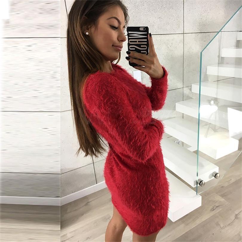 Women's Fluffy Long Sleeve Sweater Top Cozy Bodycon Mini Jumper Dress Blouse