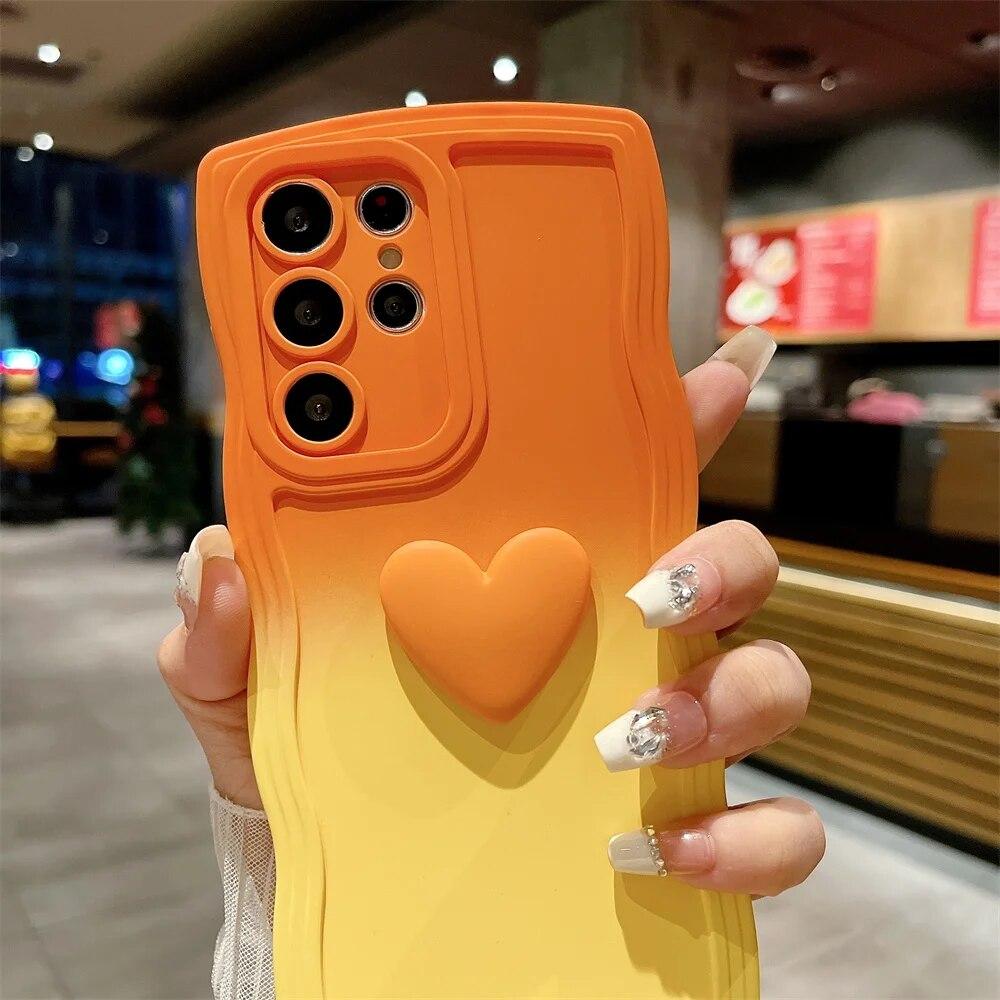 Gradient Love Heart Lanyard Case for Samsung Galaxy S24 Ultra S23 S22 Plus S21 S20 FE A54 A14 A34 A52 A53 Wrist Strap Wave Cover