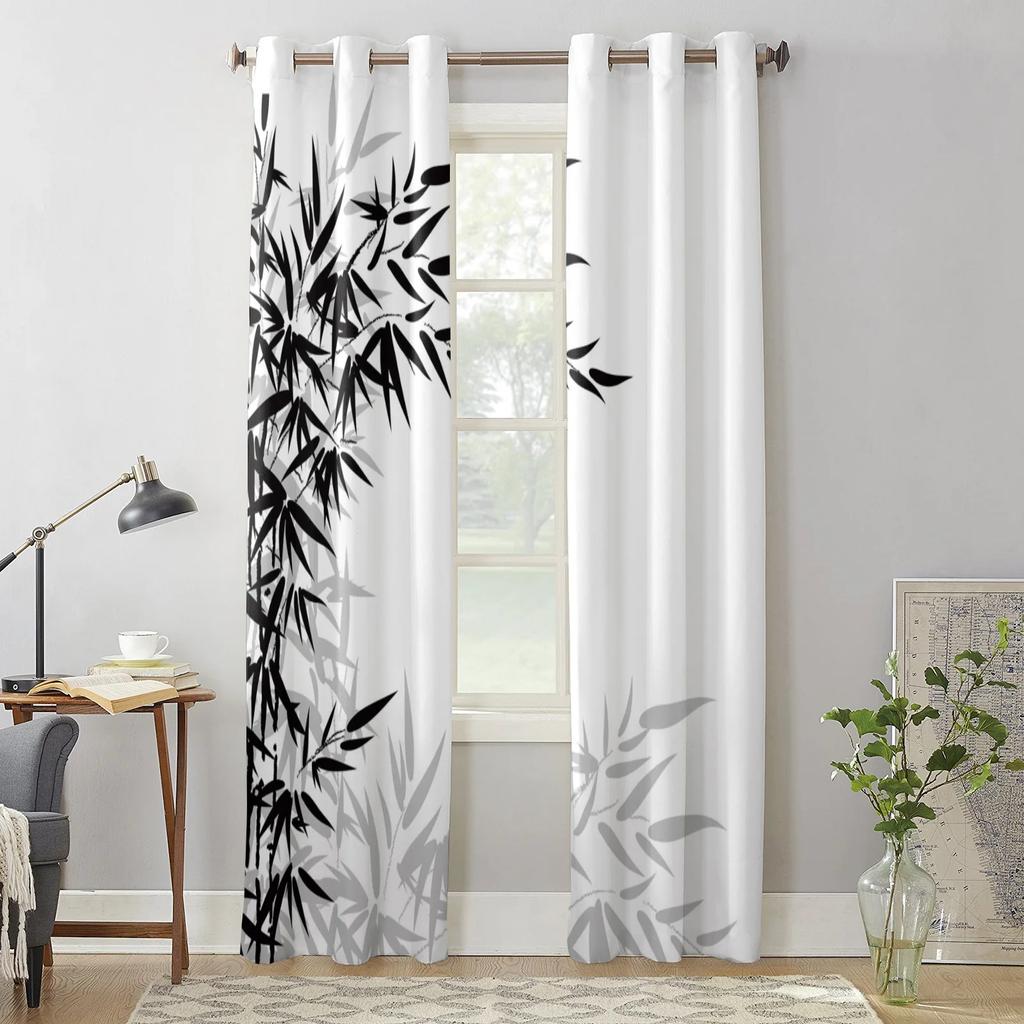 Bamboo Leaves Black White Window Curtains Printing Curtains for Living Room Modern Design Bedroom Decor Drapes