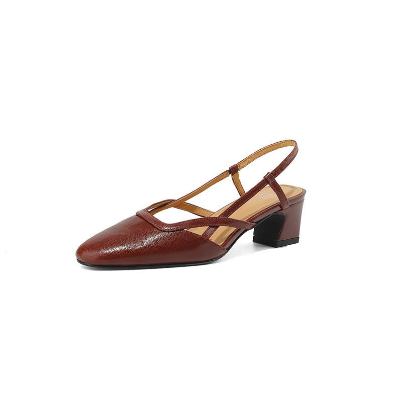New Women's High-heeled Sandals Thick-heeled Buckle Bag Head Sandals Women's Casual Leather Beef Tendon Sole Square Head Rear Empty Sandals