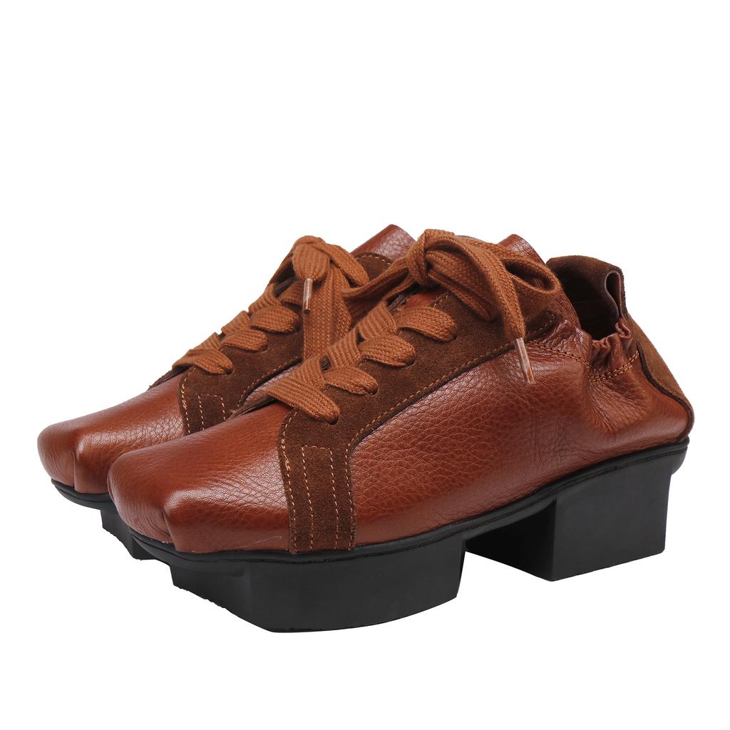 Johnature Women's Shoes Genuine Leather Square Toe Soft Cowhide Lace-up Versatile Mid Heel Pumps