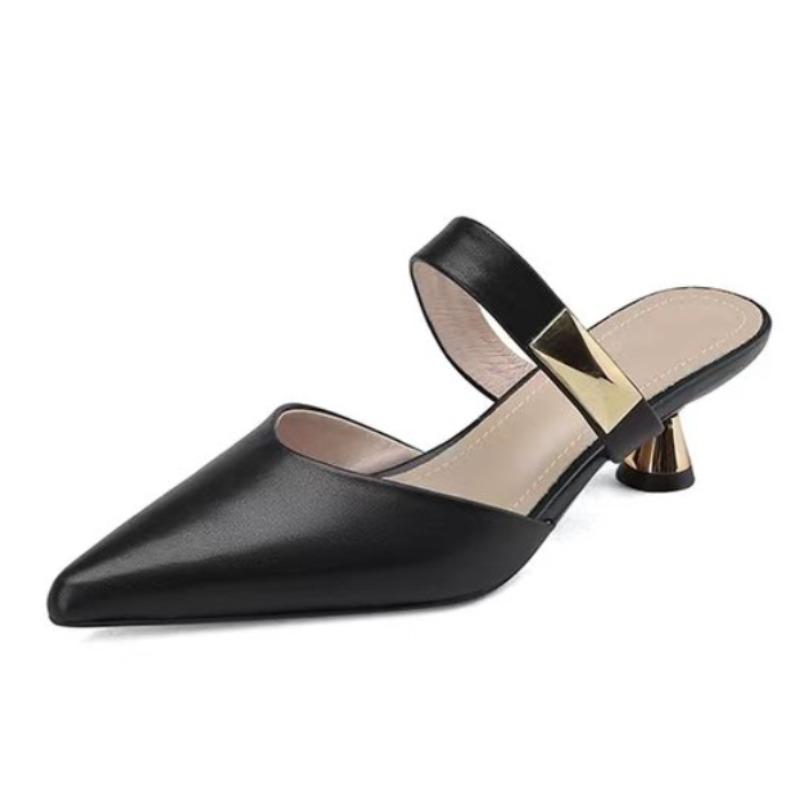 New Plus Size 35-42 Women Kitten Heels Mules Golden Rivet Pointed Toe Summer Sandals Beige Ladies Casual Med Heels Shoes