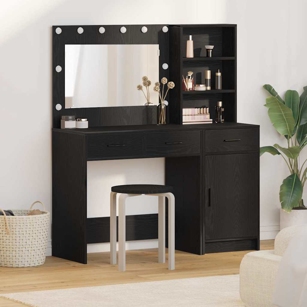 Makeup Table with Mirror Lighting (2 pcs) Black Wood Based Material