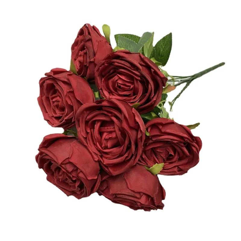 7 Heads Rose Artificial Wedding Home Decoration Brushed Cloth Simulation Rose Bouquet Home Hotel Decoration Fake Flowers