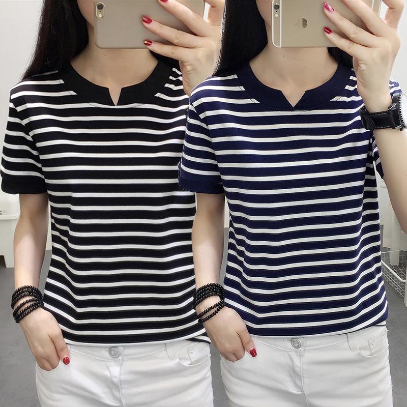 2024 Summer V-neck Korean Style Loose Fit Short Sleeve T-shirt for Women