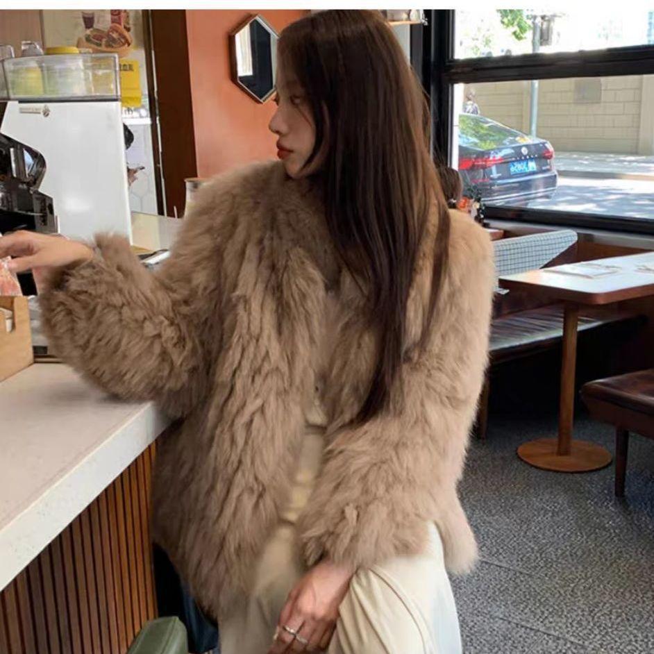 

Woven imitation fur coat women s autumn and winter clothing new imitation fox hair stand-up collar temperament celebrity fashion light XL