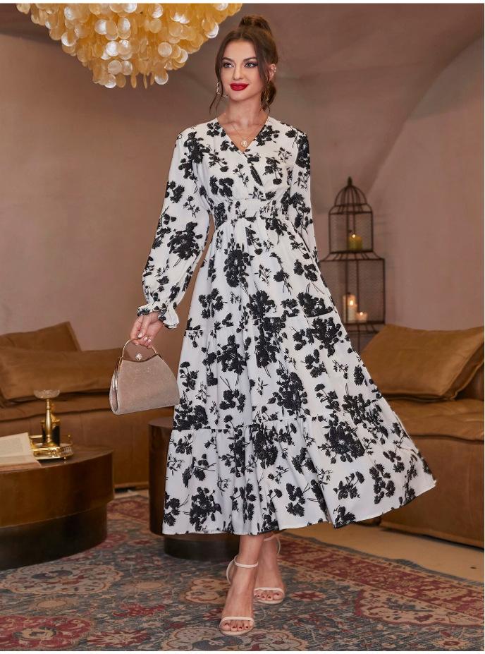 European and American Autumn Hot Sale Women's Clothing Printed Cake Long Dress Long Sleeve Fashion Dress