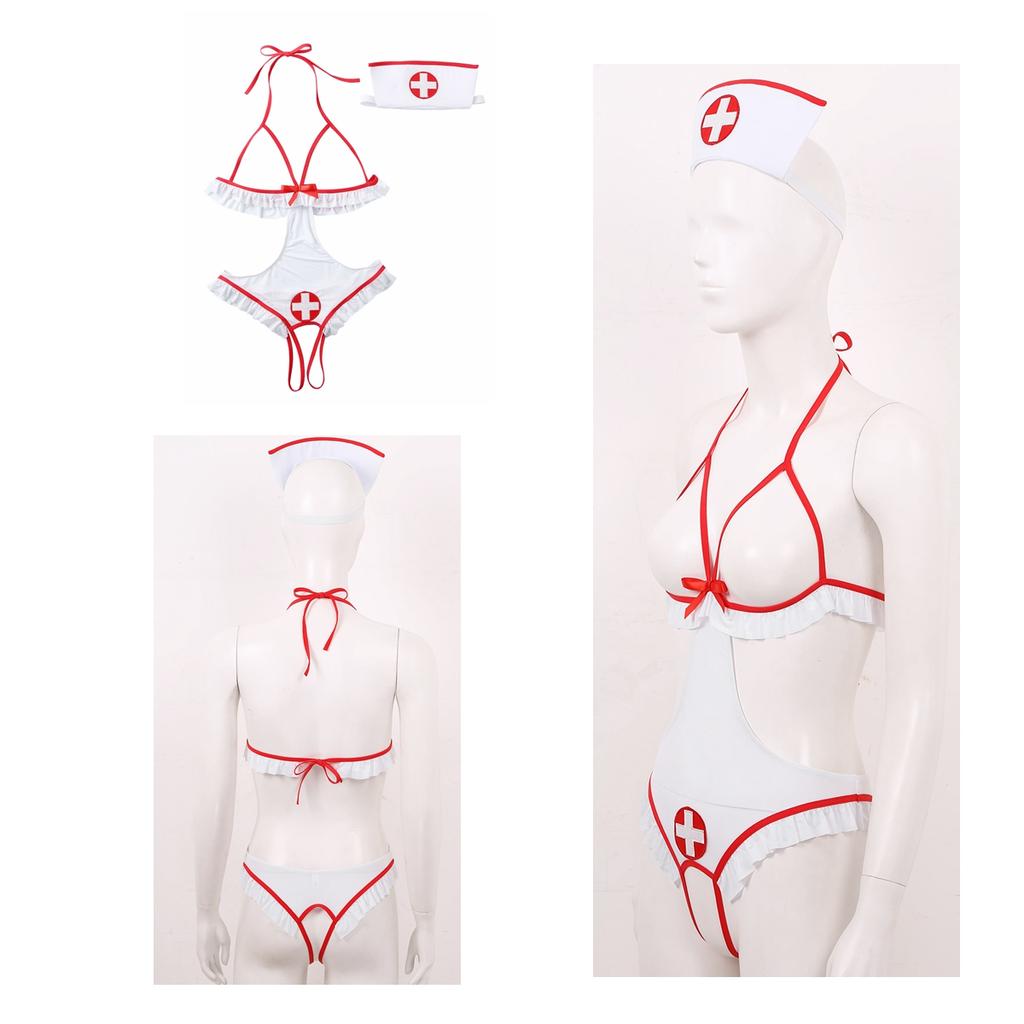Women's Sexy Lingerie Naughty Nightingale Nurse Costume Babydoll Bodysuit with Headband