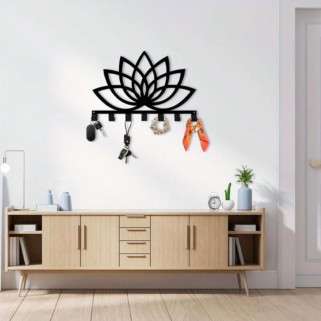Lotus Key Holder 11.81 Inch Black Metal Wall Mount Decor for Home Office Outdoor Gift