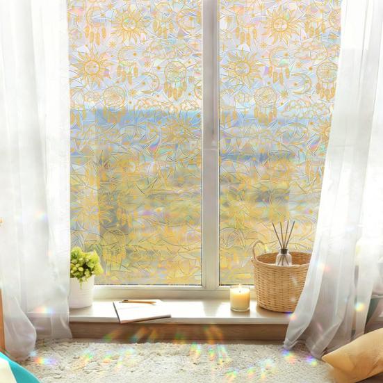 Window Privacy Film, Stained Glass Pattern Decorative Window Sticker, Rainbow Static Cling, Sun Blocking Reusable Decals for Glass Doors, Bedroom